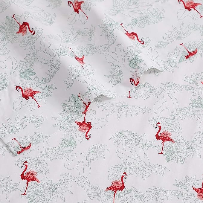 Tommy Bahama - King Size Sheet Set, Crisp & Cool Cotton Percale Bedding with a Smooth Lightweight Feel, 4 Piece Holiday Bed Sheets with Matching Pillowcases (Flamingo Santa Red)