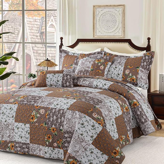 BEDIFANY Cotton Filling Queen Quilt Set - Reversible Farmhouse Bedspreads Queen Size with 2 Pillow Shams - Lightweight Queen Size Quilt Bedding Sets, 3 Pieces (90 x 98 inch)