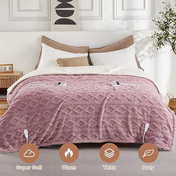 CAROMIO Electric Blanket King Size Dual Control - Thick Tufted Sherpa Heated Blanket King with 10 Heating Levels and 10 Time Settings, ETL Certified Fast Heating Blanket King Size 90"×100", Dusty Pink