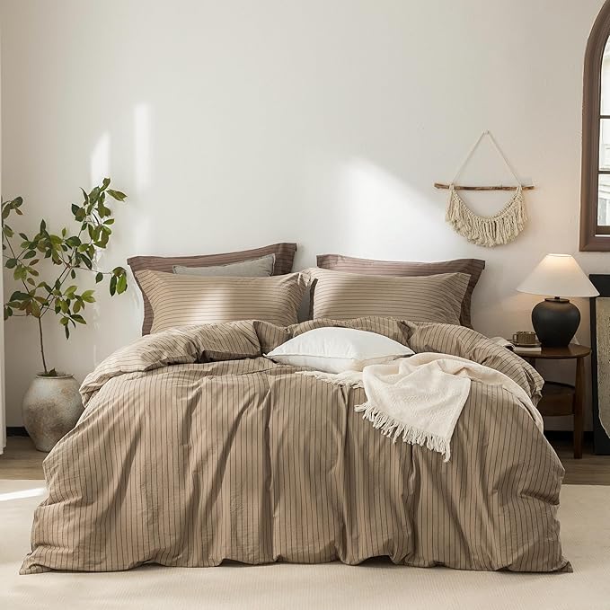 Stripe Duvet Cover King Size 104inch x 90inch,100% Washed Cotton Pinstripe Duvet Cover with Zipper Closure and 2 Pillowcases, Color of Light Camel-Black Stripe