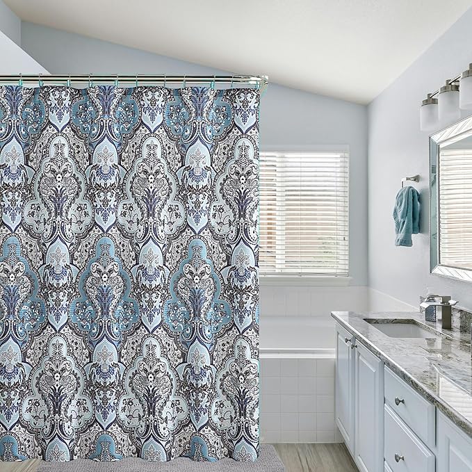 Decorative Blue & Silver Grey Gray Boho Fabric Shower Curtain, Modern Farmhouse for Vintage Rustic Bathroom Decor, Floral Victorian, 72 x 70