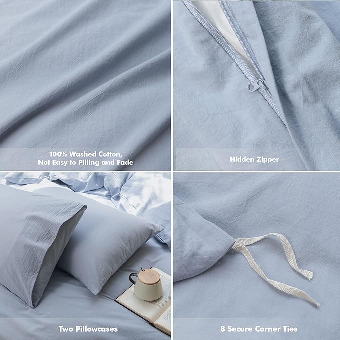 FOSSA Duvet Cover Set 100% Washed Cotton Linen Feel Super Soft Breathable Cozy 3 Pieces Bedding Sets Solid Cornflower Blue Super King Plus