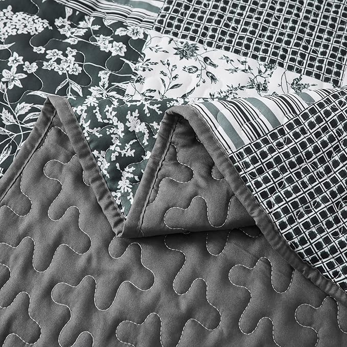 Mybedsoul Black Grey Boho Quilt Set Queen Size,3 Pieces Plaid Floral Bedspread Coverlet Set for All Season,Patchwork Reversible Bedding Set Queen 90"x96"