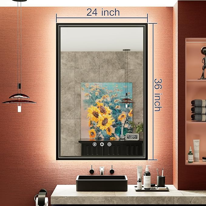 LED Bathroom Mirror with Front and Back Lighting, 3 Color Temp, Dimmable, Anti-Fog, Black Aluminum Frame Wall Mounted Lighted Bathroom Vanity Mirror