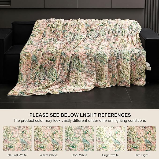 Cyusri Floral Print Cooling Comforter Set 3Pcs Breathable Cool King Size Bedding Set with 2 Pillowcases Green Pink Flowers Pattern Silky Cold Quilt, 108"x90"