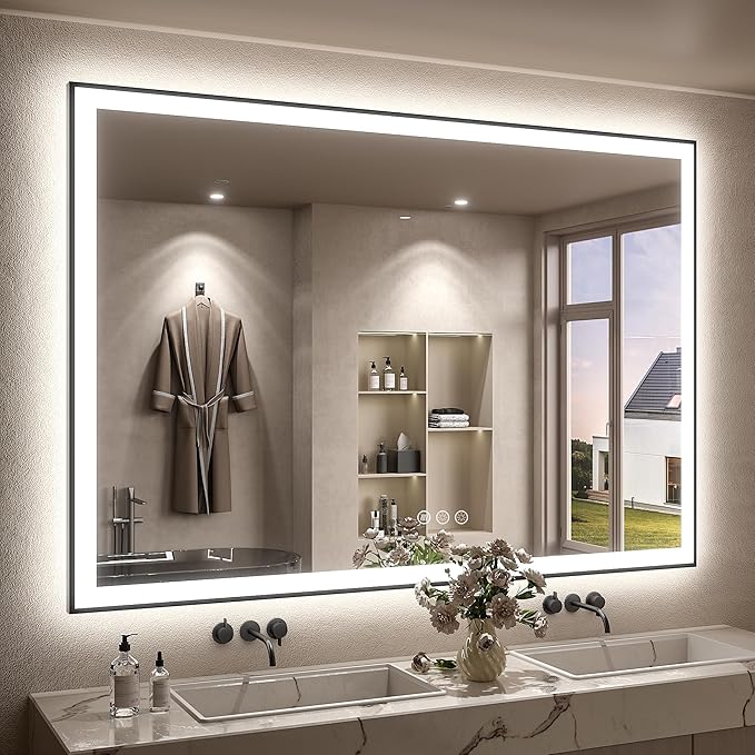 SMIROR 55x40 Led Bathroom Mirrors with Black Trim, Lighted Vanity Mirror for Wall, 3 Colors, Dimmable, Anti-Fog, Memory, Shatterproof, ETL Listed (Front Lit and Backlit Separated Control)