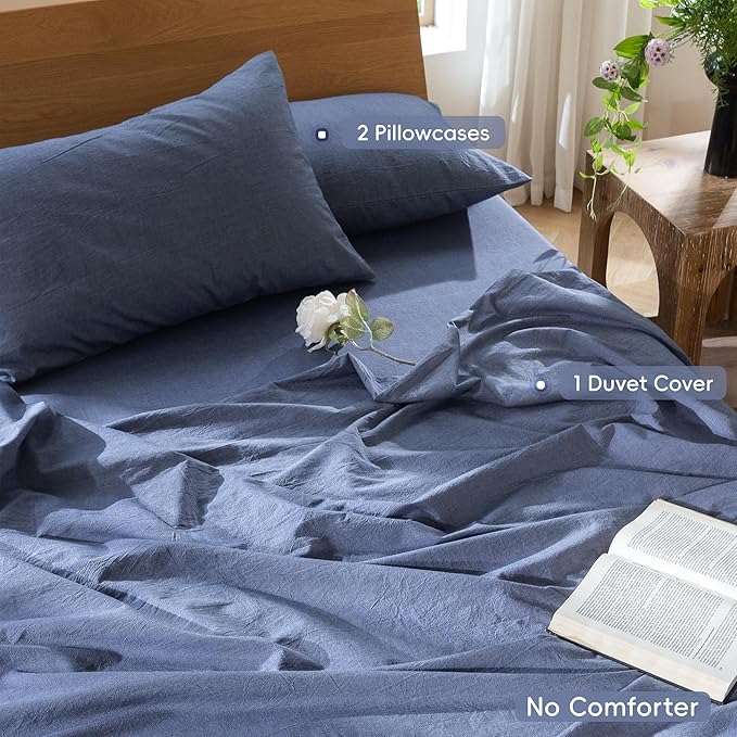 MooMee Bedding Duvet Cover Set 100% Washed Cotton Linen Like Textured Breathable Durable Soft Comfy (Heathered Blue, Super King Plus 120"x120")