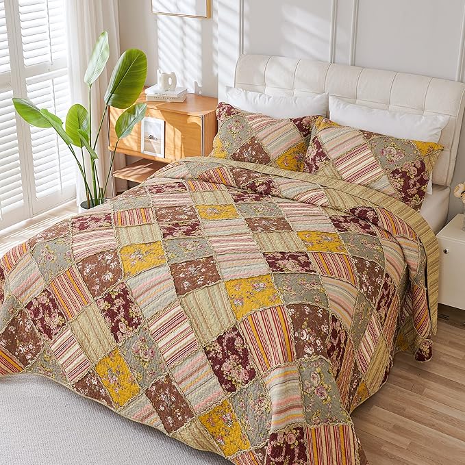 Cmfshape Floral Quilt Sets Bedspread Set 100% Cotton Patchwork Bedding Set, All Season Use Lightweight Reversible Coverlet Quilts with 2 Pillow Shams(Queen 92"x96")