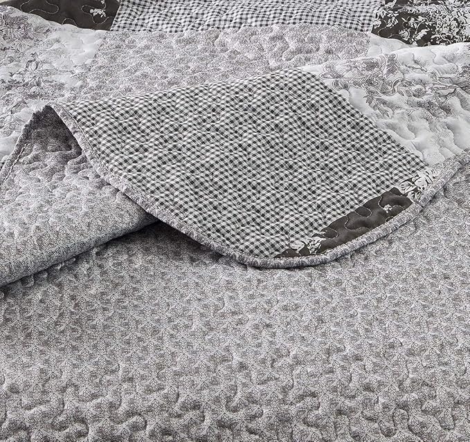 Brilliant Sunshine Grey Toile Floral Patchwork, 3-Piece Quilt Set with 2 Shams, Reversible Bedspread, Soft Lightweight Coverlet, All-Season, Full/Queen, Grey