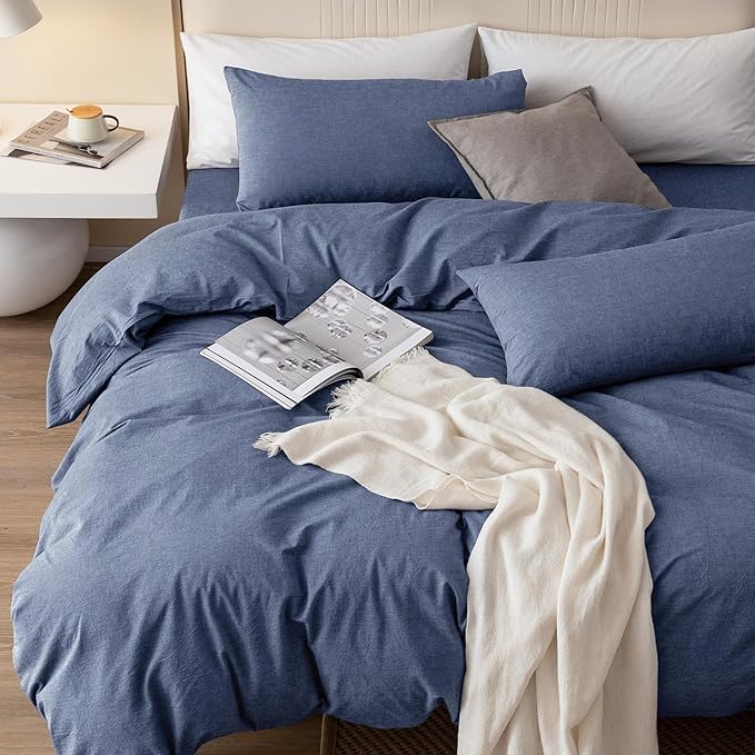 JIYUAN 100% Washed Cotton Duvet Cover Set 3 Pieces Oversized Queen, 1 Duvet Cover 98x98 Inches(Comforter Not Included) and 2 Pillowcases,Linen Like Comfy and Breathable,Heathered Blue