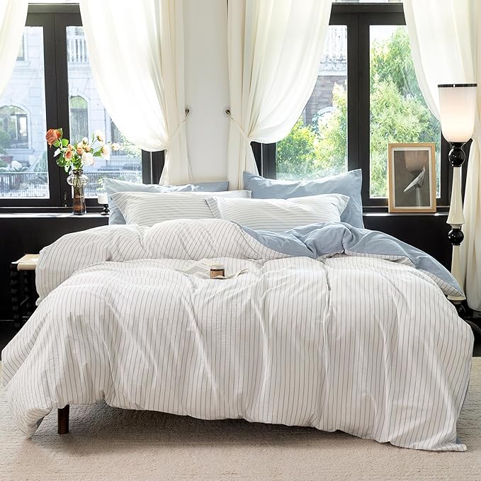 Reversible Duvet Cover Set 100% Washed Cotton Sky Blue Stripe Linen Feel Duvet Cover Queen Size with Zipper Closure & 2 Pillow Shams,Sky Blue/White Stripe Reverse Solid Sky Blue
