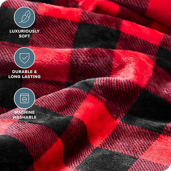 Bare Home Textured Fleece Blanket - Throw/Travel - Ultra-Soft Lightweight for Bed, Sofa, and Couch - Luxury Microplush - Cozy Warm Blanket (Throw/Travel, Buffalo Plaid - Red/Black)