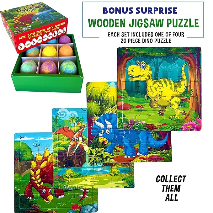 Bath Bombs for Kids with Surprise Toys Inside Plus Dinosaur Puzzle - 9 Organic Dino Egg Bath Bombs, Gentle and Kids Safe, Fizzy Balls with Rich Bubbles, Stocking Stuffers Christmas Gifts for Kids