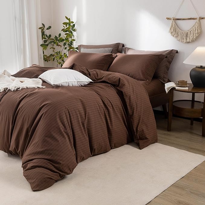 Stripe Duvet Cover Queen Size 90inch x 90inch,100% Washed Cotton Pinstripe Duvet Cover with Zipper Closure and 2 Pillowcases, Color of Cocoa Brown-Black Stripe