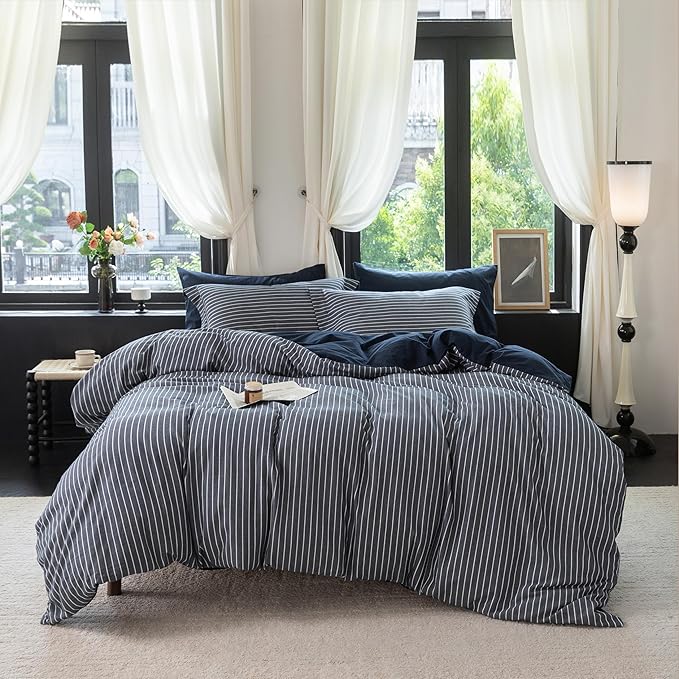 Reversible Duvet Cover Set 100% Washed Cotton Blue Stripe Linen Feel Duvet Cover King Size with Zipper Closure & 2 Pillow Shams,Navy/White Stripe Reverse Solid Navy