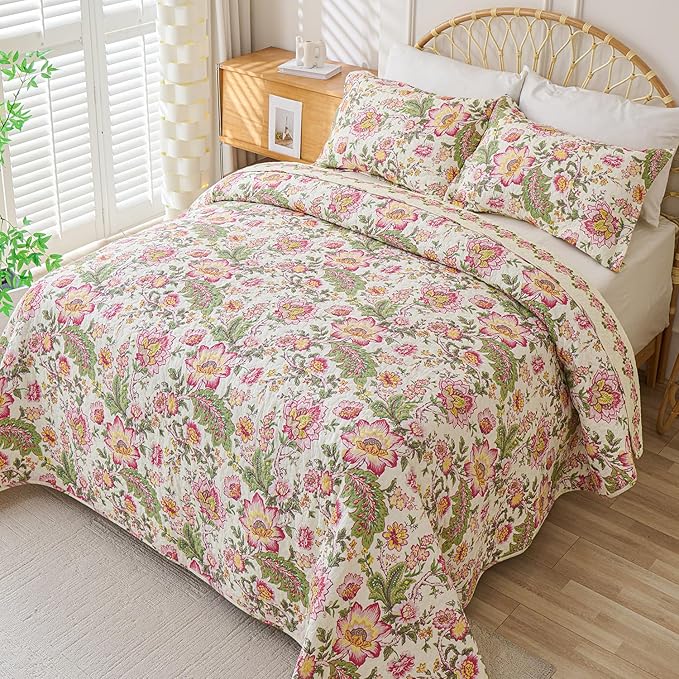 Cmfshape Floral Quilt Sets Bedspread Set 100% Cotton Bedding Set, All Season Use Lightweight Reversible Coverlet Quilts with 2 Pillow Shams(Queen 92"x96")