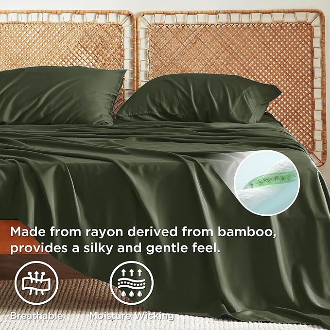 Bedsure King Size Sheets Set, Cooling Sheets for Hot Sleepers, Rayon Derived from Bamboo, Breathable & Soft, Deep Pocket Up to 16 Inches, Hotel Luxury Silky Bedding, Olive Green