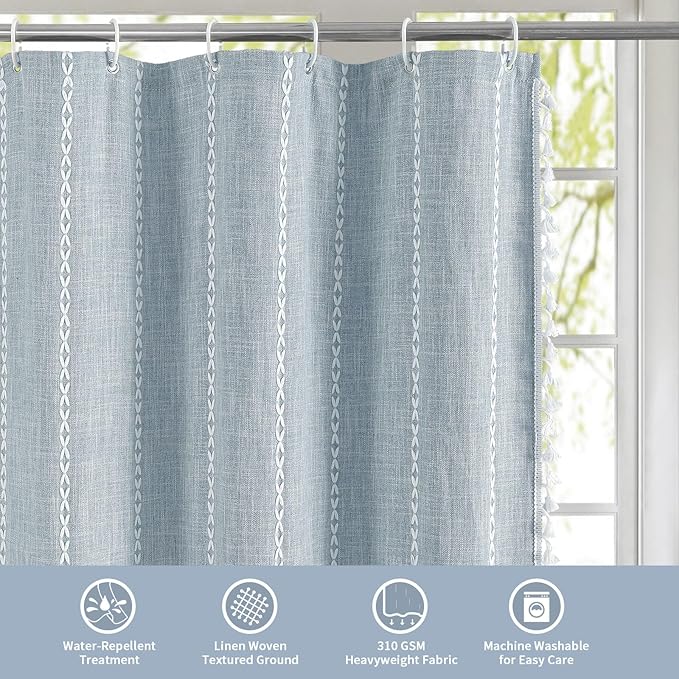 MitoVilla Boho Long Shower Curtain 72 x 78, Blue Farmhouse 78 inch Long Polyester Linen Fabric Shower Curtains with Tassel for Chic Cottagecore French Rustic Bathroom Decor