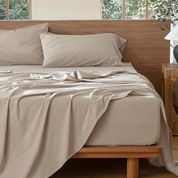 MooMee Bedding Sheet Set 100% Washed Cotton Linen Like Textured Breathable Durable Soft Comfy (Heathered Tannish Linen Grey, Twin)