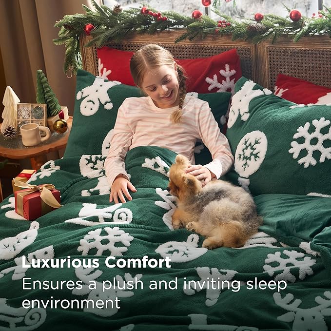 Bedsure Fluffy Christmas Duvet Cover Set - Ultra Soft Plush Shaggy Comforter Cover Queen Size, Warm Flannel Fleece Bed Sets for Winter, 3 Pieces, Gingerbread Man Pattern, Green