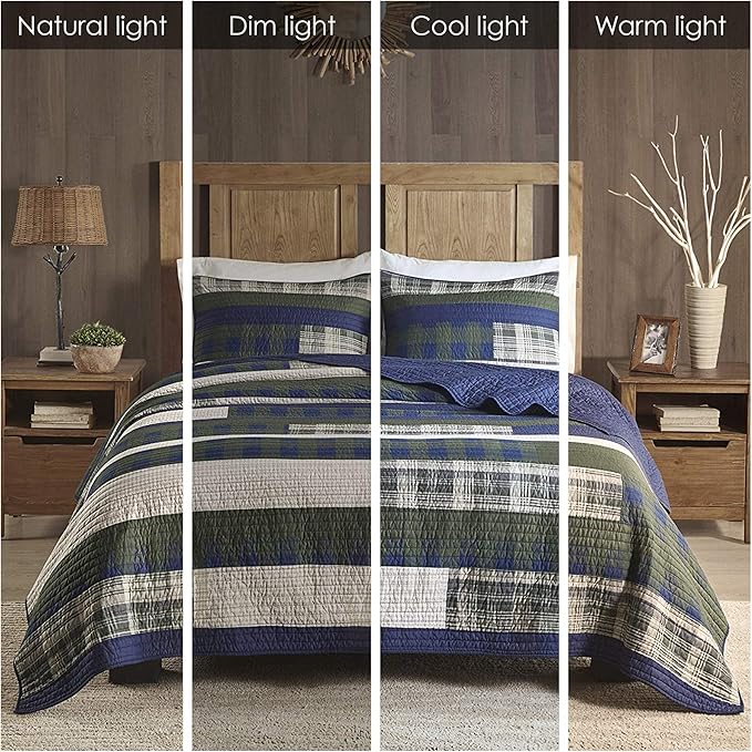 WOOLRICH Spruce Hill Reversible Quilt Set - Cottage Styling Reversed to Solid Color, All Season Lightweight Coverlet, Cozy Bedding Layer, Matching Shams, Oversized King/Cal King, Stripes Green 3 Piece