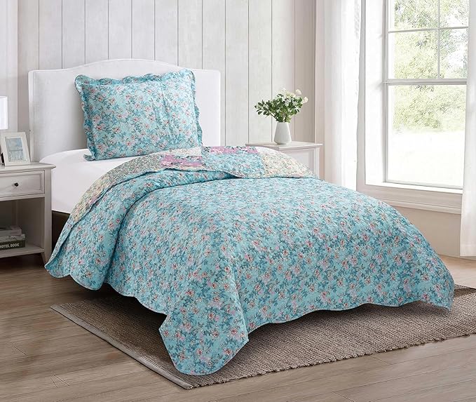 Brilliant Sunshine Lilac Rose Toile Quilt Set, 2-Piece Bedding Sets, Traditional Lively Patchwork Design, Washable, Reversible Bedspread, Soft Lightweight Coverlet, All-Season, Twin/Twin XL, Egg Blue