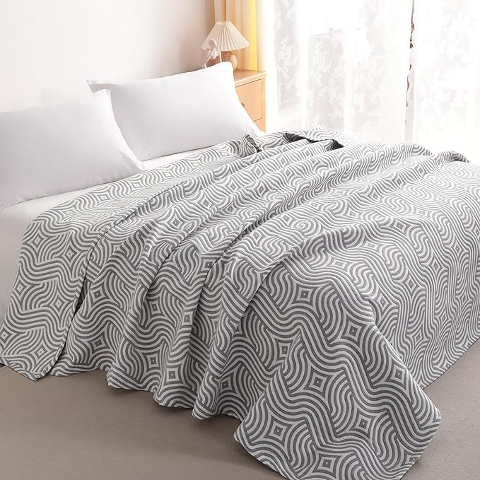 NTBAY 3 Layers Cotton Muslin 88x92 Queen Bed Blanket, Super Soft Breathable Thermal Yarn Dyed Quilt for Adults, Perfect Lightweight Blanket for Couch Sofa Bed All Seasons, Grey Geometric Ripples