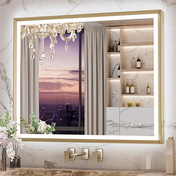 Keonjinn 40” x 32” LED Mirror for Bathroom with Frontlit & Backlit, Brushed Gold Framed Mirror with Lights, Anti-Fog, Stepless Dimmable 3 Color Lights, Tempered Glass(Horizontal/Vertical)