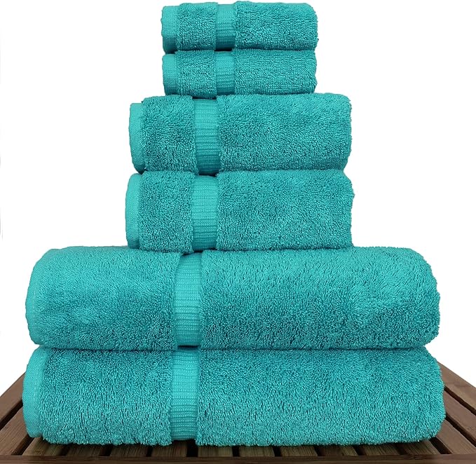 Luxury Hotel & Spa Quality Collection, Highly Absorbent & Quick Dry 100% Turkish Cotton, 750+ GSM, Eco Friendly Towel, Dobby Border Towels, 2 Bath Towel, 2 Hand Towel, 2 Washcloths (6 Piece, Aqua)