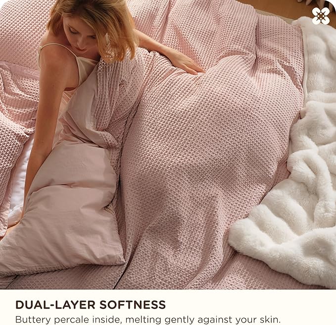 Bedsure Cotton Duvet Cover Queen - 100% Cotton Waffle Weave Pink Duvet Cover Queen Size, GentleSoft™ and Breathable Bedding Set for All Season, 3 Pieces, 90"x90"