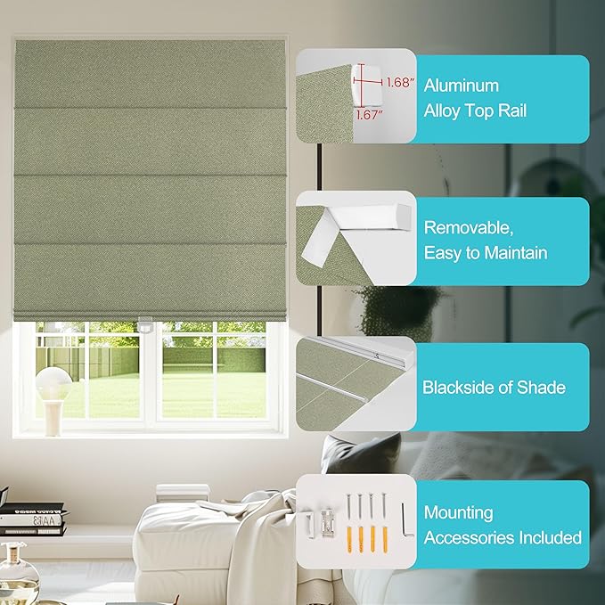 BERISSA Blackout Roman Shades for Windows Cordless,Pull Down Linen Fabric Roman Blinds,Thermal Insulated Window Shades for Door Windows,Bedroom,Office,Easy to Install,Green,Custom Size