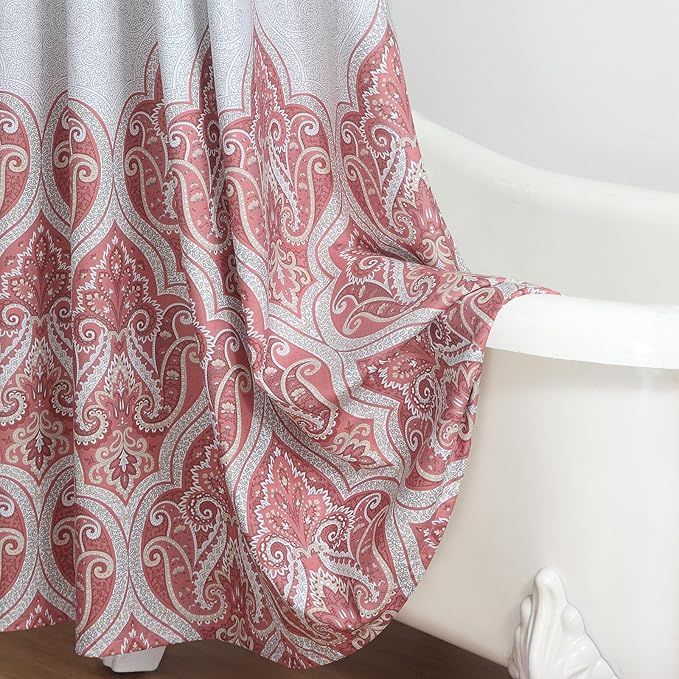 Extra Long Paisley Shower Curtain, Water Repellent Brushed Microfiber with Terracotta & Gray Bohemian Print, 12 Metal Grommets & Weighted Hem, 72x84 Inches
