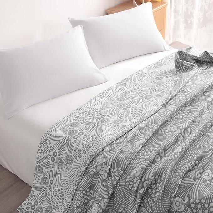 NTBAY 3 Layers Cotton Muslin 88x92 Queen Bed Blanket, Super Soft Breathable Thermal Yarn Dyed Quilt for Adults, Perfect Lightweight Blanket for Couch Sofa Bed All Seasons, Grey Star and Wheat