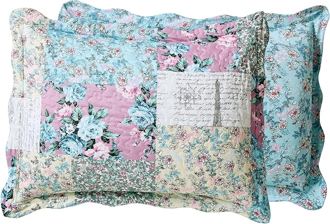 Brilliant Sunshine Lilac Rose Toile Quilt Set, 3-Piece Bedding Sets, Traditional Lively Patchwork Design, Washable, Reversible Bedspread, Soft Lightweight Coverlet, All-Season, Full/Queen, Egg Blue
