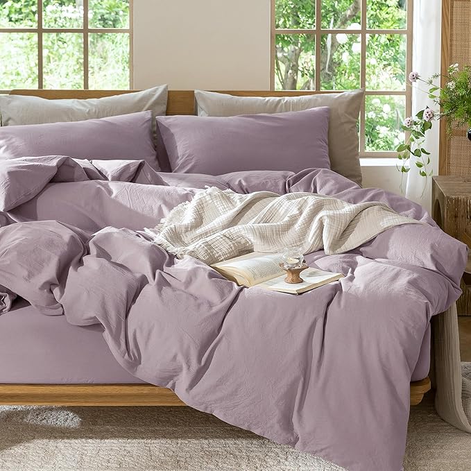 MooMee Bedding Duvet Cover Set 100% Washed Cotton Linen Like Textured Breathable Durable Soft Comfy (Solid Taro Purple, Queen 90"x90")