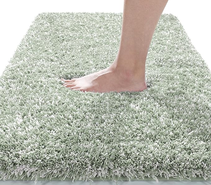 Yimobra Luxury Bathroom Rugs, Fluffy Bath Mats, Non Slip, Water Absorbent Microfiber, Machine Washable, Plush Runner Shower Rugs, Thick Matts for Bathroom Floor&Tub, 47"x 24", Light Green and White