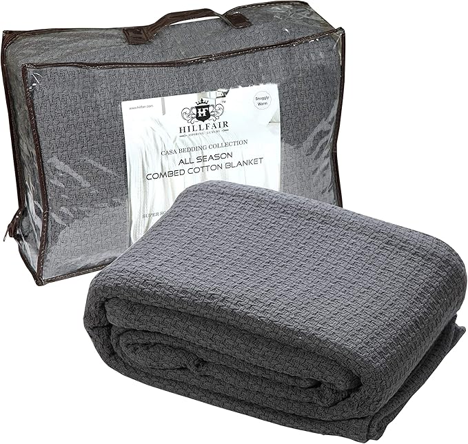 HILLFAIR 100% Soft Premium Combed Cotton Thermal Blanket– Queen Bed Blankets– Soft Cozy Warm Bed Throw Blanket– All Season Grey Queen Cotton Blankets