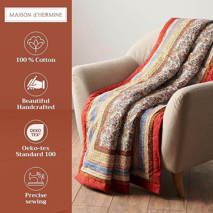 Maison d' Hermine Throw Blanket for Couch Lightweight Soft Warm Breathable Cotton Throw Blankets for Bed Girls Boys Women Men Gifts Sofa Travel Living Room Chair Bedding (60"x80", Jaipur)