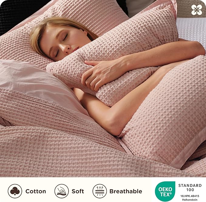 Bedsure Cotton Duvet Cover Queen - 100% Cotton Waffle Weave Pink Duvet Cover Queen Size, GentleSoft™ and Breathable Bedding Set for All Season, 3 Pieces, 90"x90"