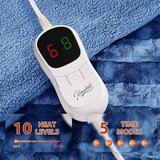 Homemate Electric Heated Blanket Twin Size - 62"x84" Heating Blanket Twin Size 1/2/4/6/8 Hours Auto-Off 10 Heat Level Over-Heat Protection Luxury Faux Fur Sherpa ETL Certification