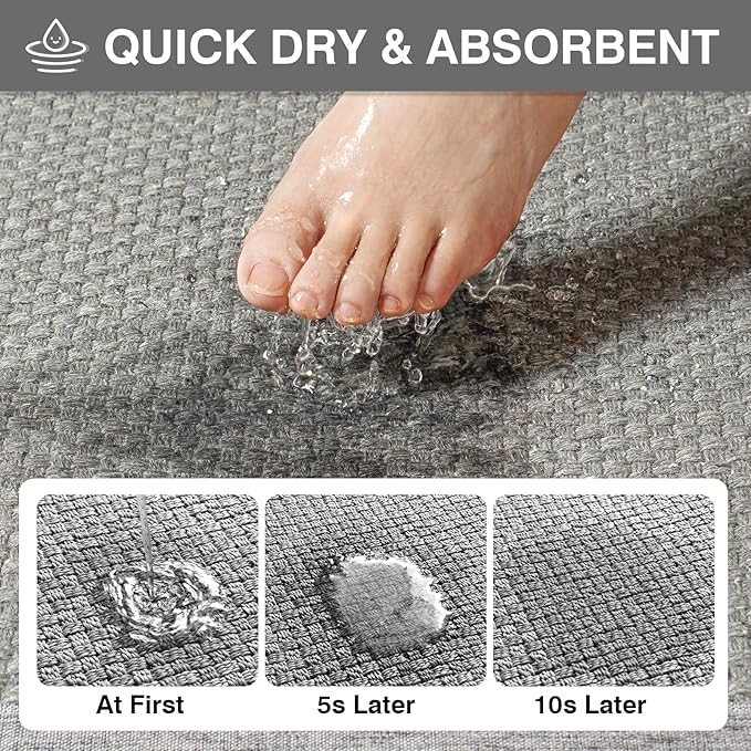 Ultra Thin Quick Dry Bathroom Rugs Mat 24x35, Non Slip Bath Mat Absorbent Bathroom Mat Floor Rubber Backed Fit Under Door, Woven Washable Bath Rugs, Gray