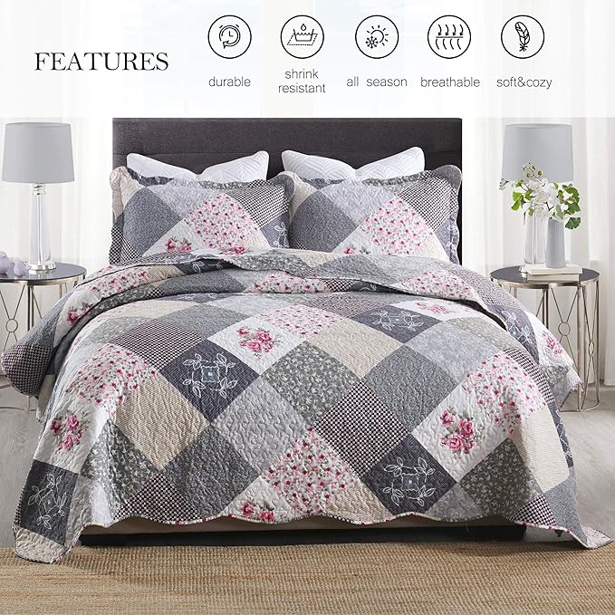 ENJOHOS Farmhouse Quilts King Size - King Quilt Set Grey Bedspread Reversible Patchwork Floral Coverlet Set, Microfiber Lightweight Country Quilts Bedding Set with 2 Pillow Shams（Grey Flower Plaid2）