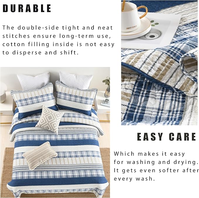 Homzard California King Size Comforter Set,100% Cotton Oversized Plaid Striped California Quilt Set, Blue White Tan Bedding Sets (118 * 106 Inch) with 2 Pillow Shams, Farmhouse Reversible Bedspread