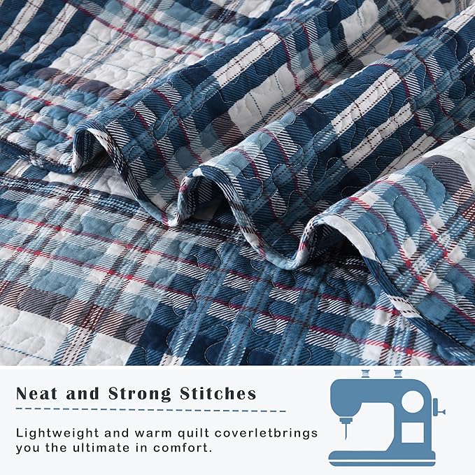 Quilts Queen Size, Cotton Queen Size Comforter Set, Blue White Striped Bedding Sets, Plaid Queen Bedspread,Striped Bed Set Lightweight Reversible All Season 3 Piece