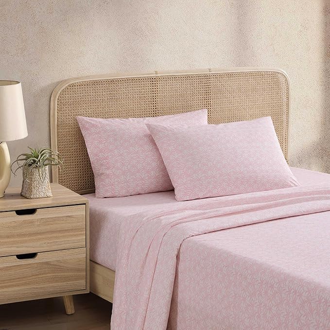 Tommy Bahama - Queen Sheets, Organic Cotton Coastal Bedding Set, Softens with Each Wash, 200 Thread Count (Lovely Palms Pink, Queen)