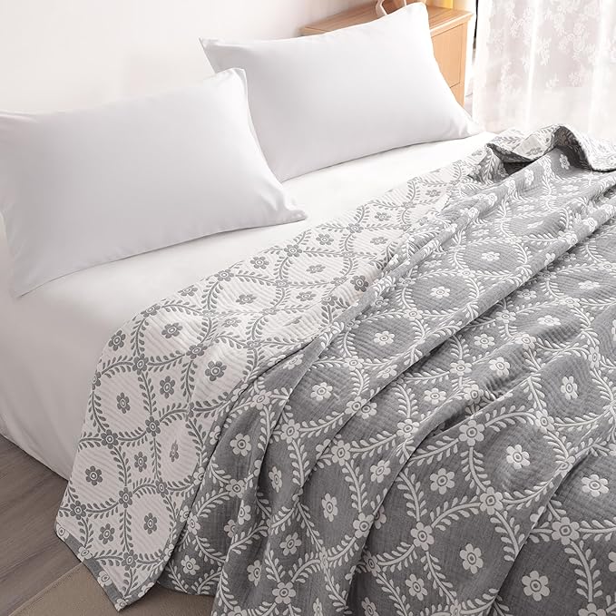 NTBAY 3 Layers Cotton Muslin 88x92 Queen Bed Blanket, Super Soft Breathable Thermal Yarn Dyed Quilt for Adults, Perfect Lightweight Blanket for Couch Sofa Bed All Seasons, Grey Garlands