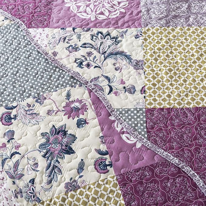 HoneiLife Quilt Set Queen Size - 3 Piece Microfiber Quilts Reversible Bedspreads Patchwork Coverlets Floral Bedding Set All Season Quilts- Late Spring,Queen/Full Size