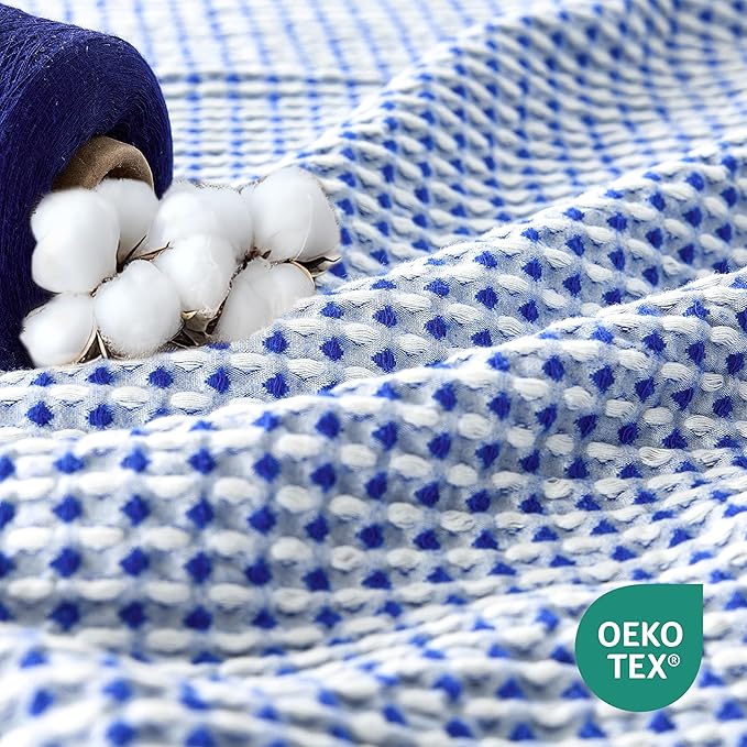 EGOHOME 100% Cotton Queen Size Blankets for Bed,Soft Jacquard Waffle Weave Blanket,Lightweight and Breathable Unique Dual-Tone Texture Cotton Blanket for All Seasons-Navy Blue,90 x 90 Inches