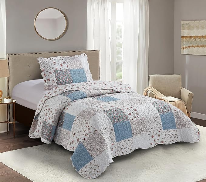 Brilliant Sunshine Pink Rose with Small Blue Check Patchwork, 2-Piece Quilt Set with 1 Sham, Reversible Bedspread, Soft Lightweight Coverlet, All-Season, Twin, Pink Blue