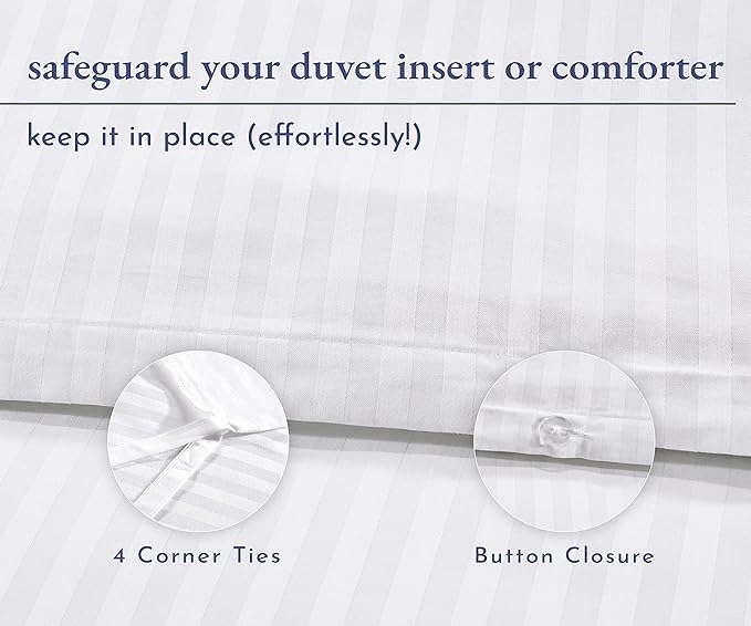 California Design Den Stripe Duvet Cover Queen Size, 400 Thread Count Sateen 100% Cotton Comforter Cover, 2 Pillow Shams, 3-Pc Bedding Set, Button Closure, Corner Ties (White Stripes, Full/Queen)